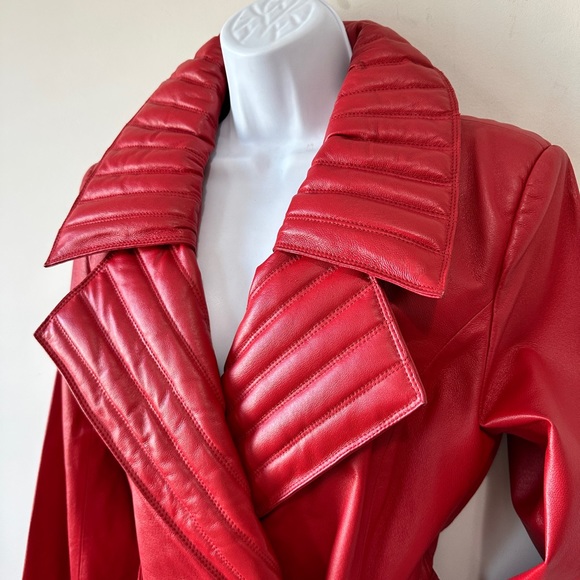 Vintage Red Genuine Leather Quilted Lapel Double Breasted Belted Waist Jacket 10 - Picture 7 of 11